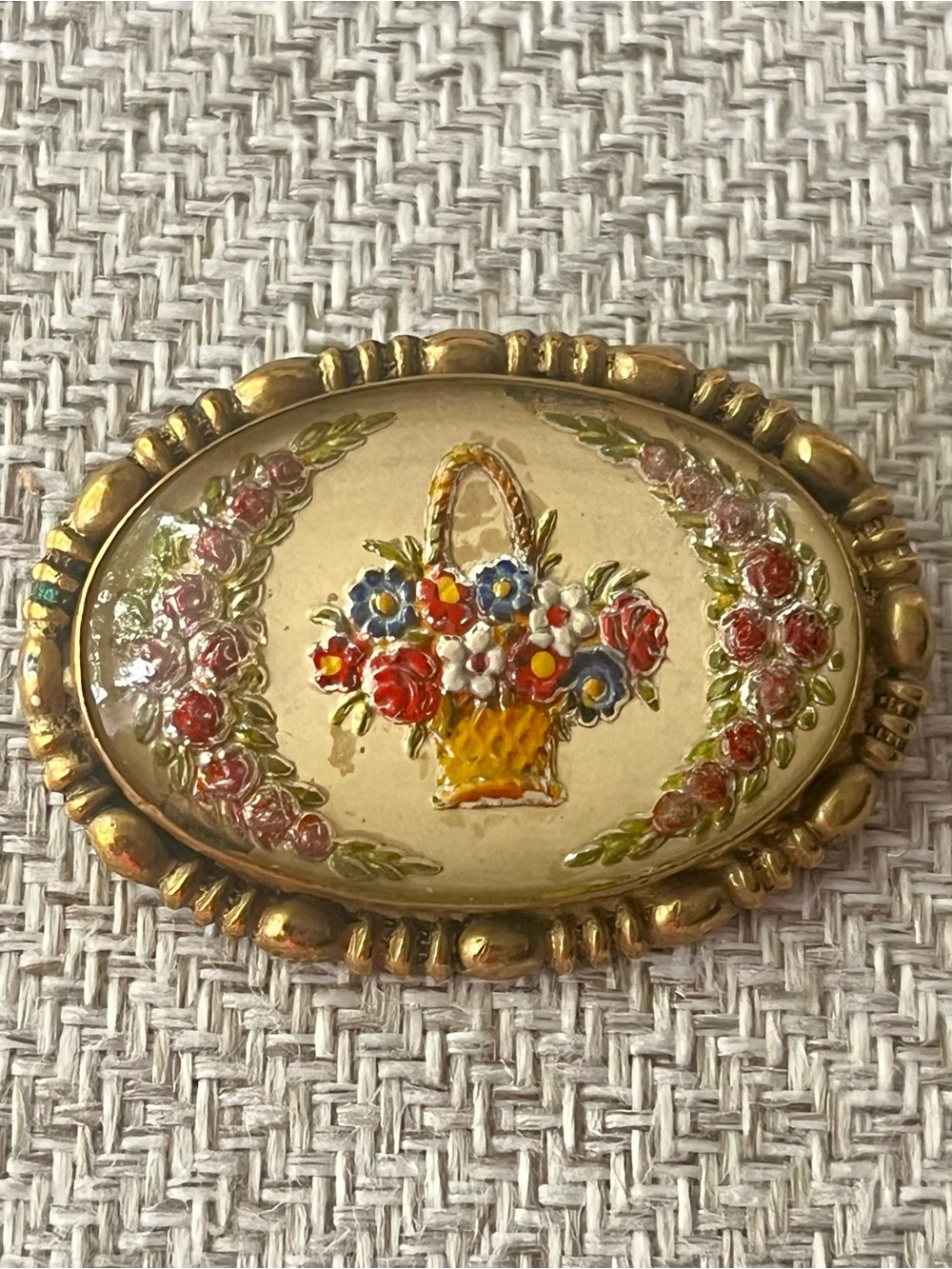 Antique brooch pin jewelry glass intaglio flower basket reverse painted C Clasp